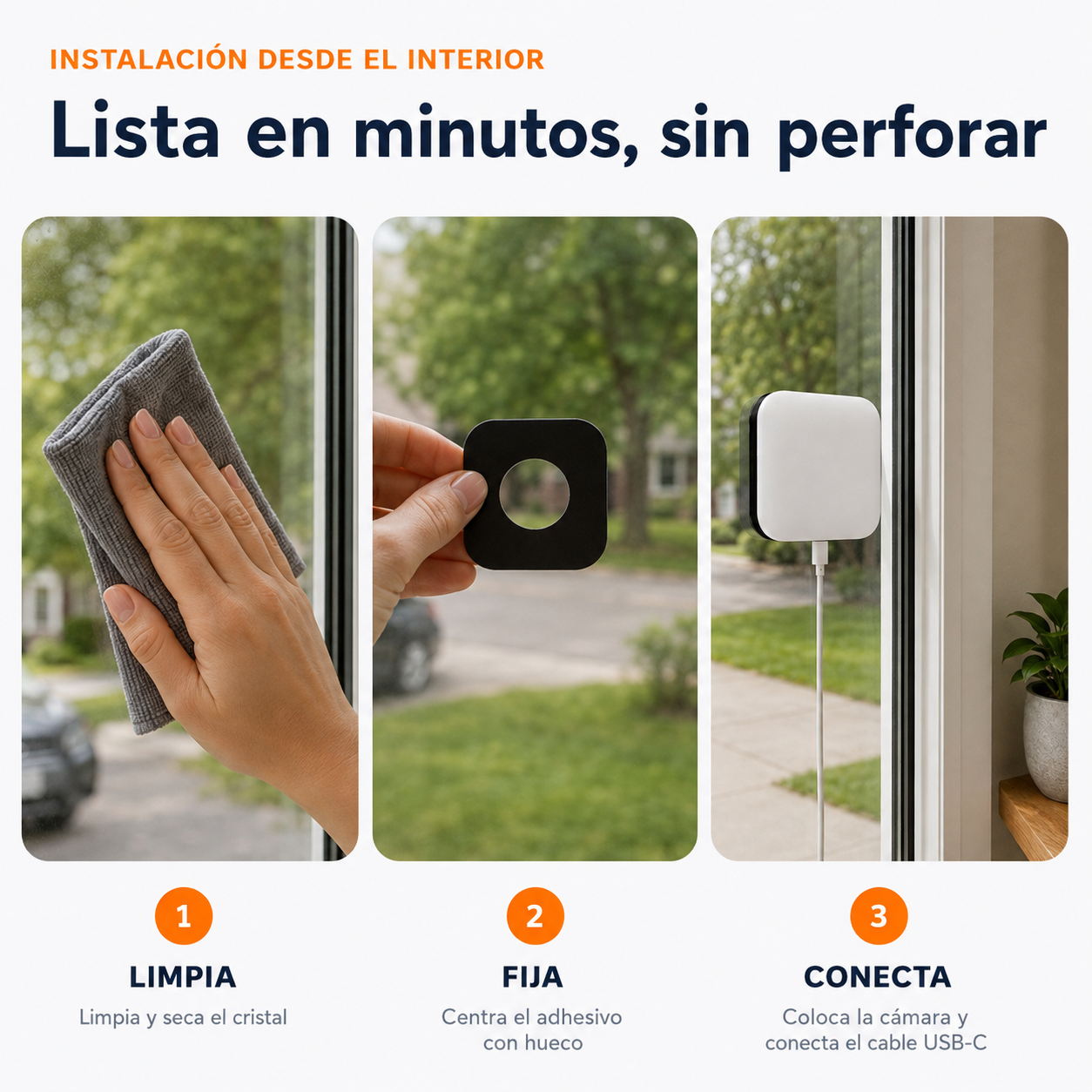 Instalación interior de Vigtu View en tres pasos con el cable USB-C conectado